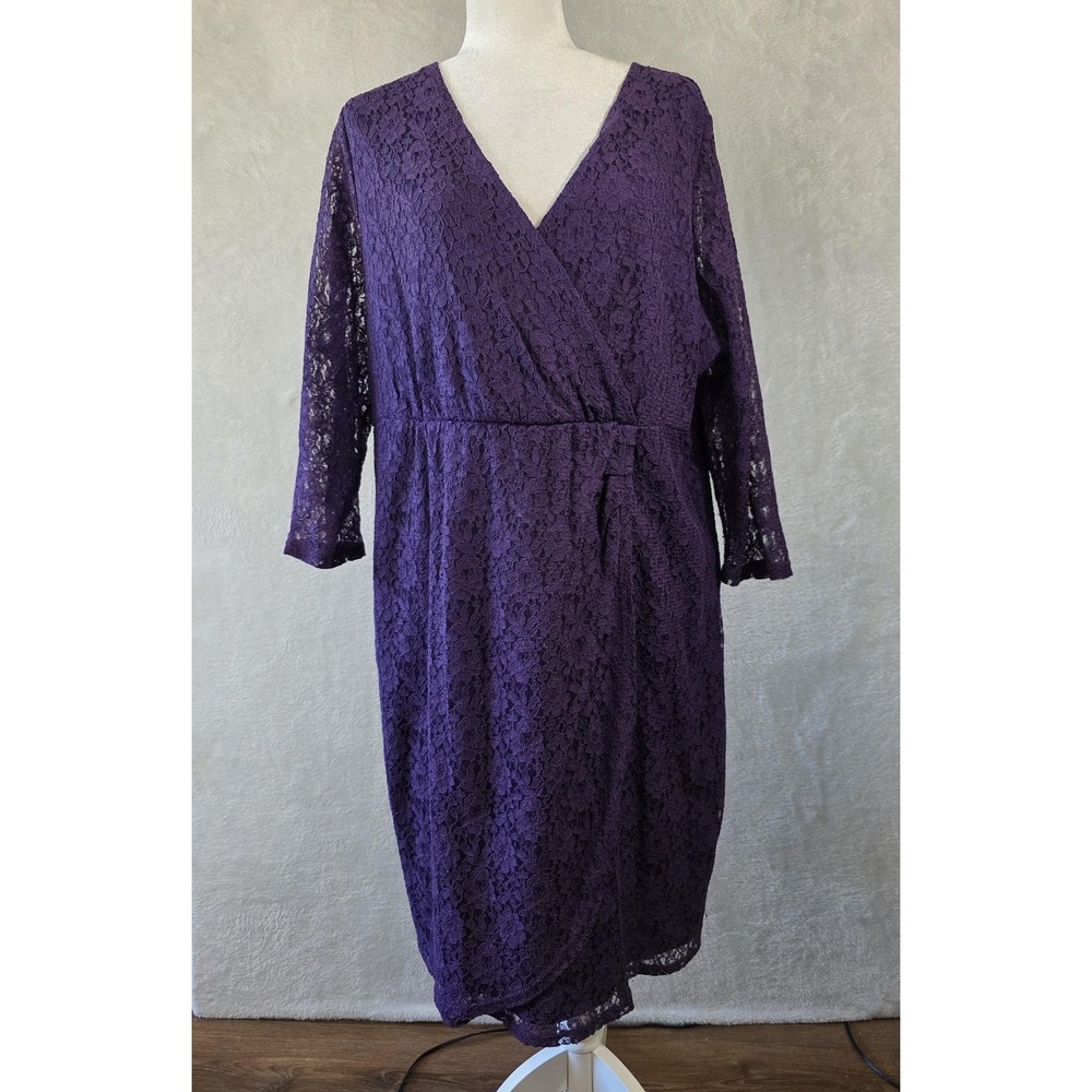 EUC Lane Bryant Dress Womens 2X Plus Purple Lace Wrap V-Neck Party Wedding Event